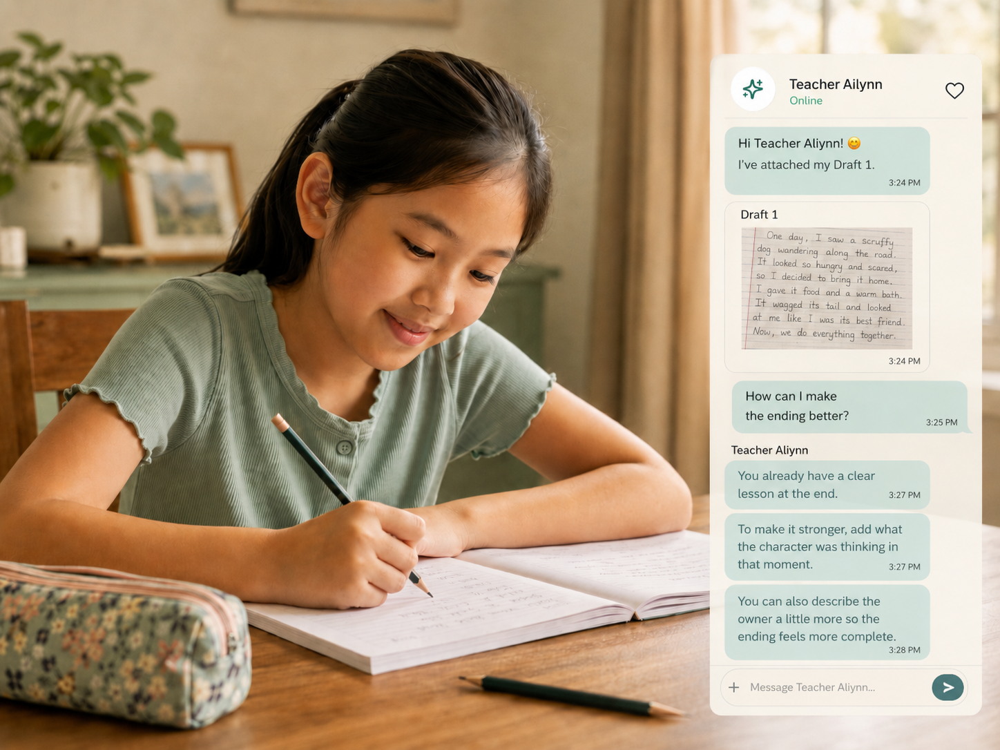 A Singaporean primary school student writing in her composition book at home, with Teacher Ailynn's chat coaching panel beside her showing draft feedback.